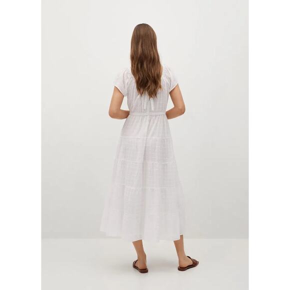 Mango MNG White Puff Sleeve Embroidered Checkered Tiered Midi A-Line Dress Sz 6 - Picture 4 of 12